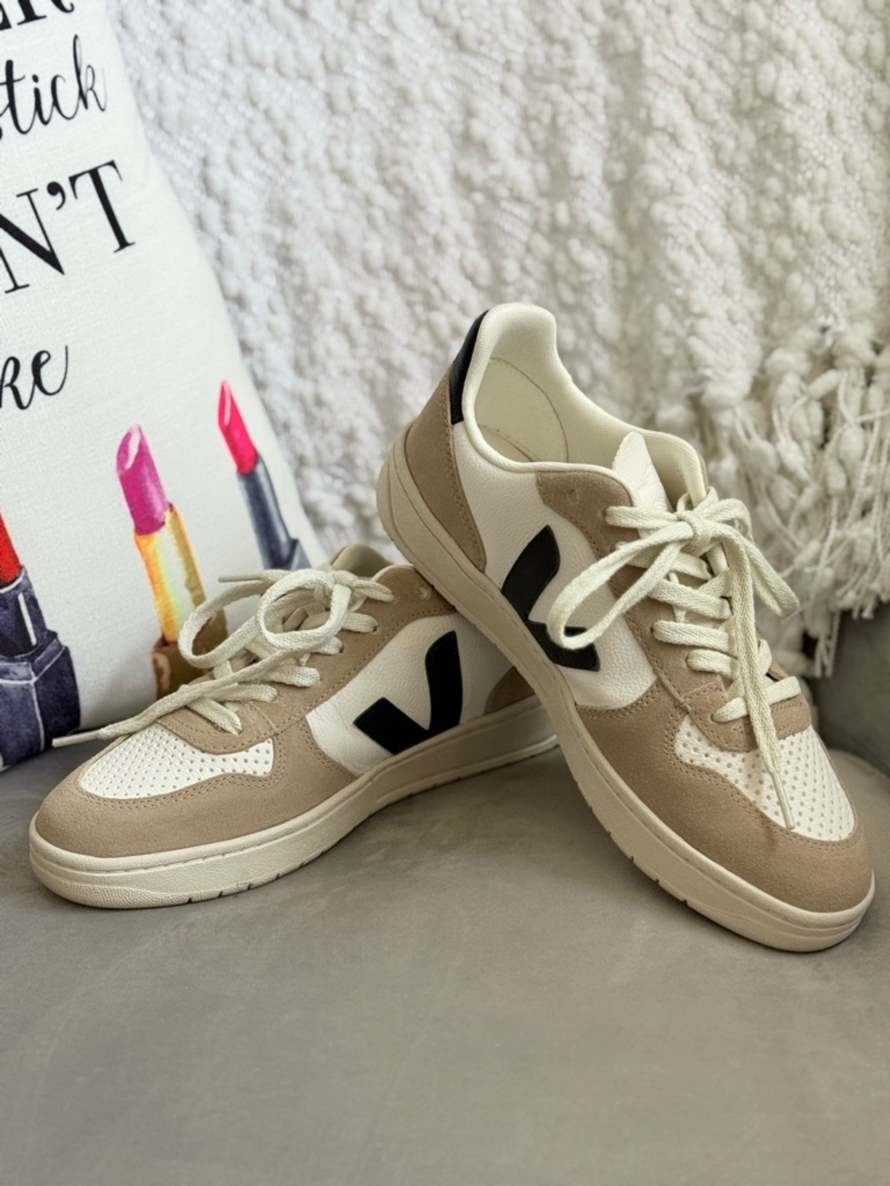 Veja V-10 Sneaker Extra White, Black, and Sahara Colorway, size 40